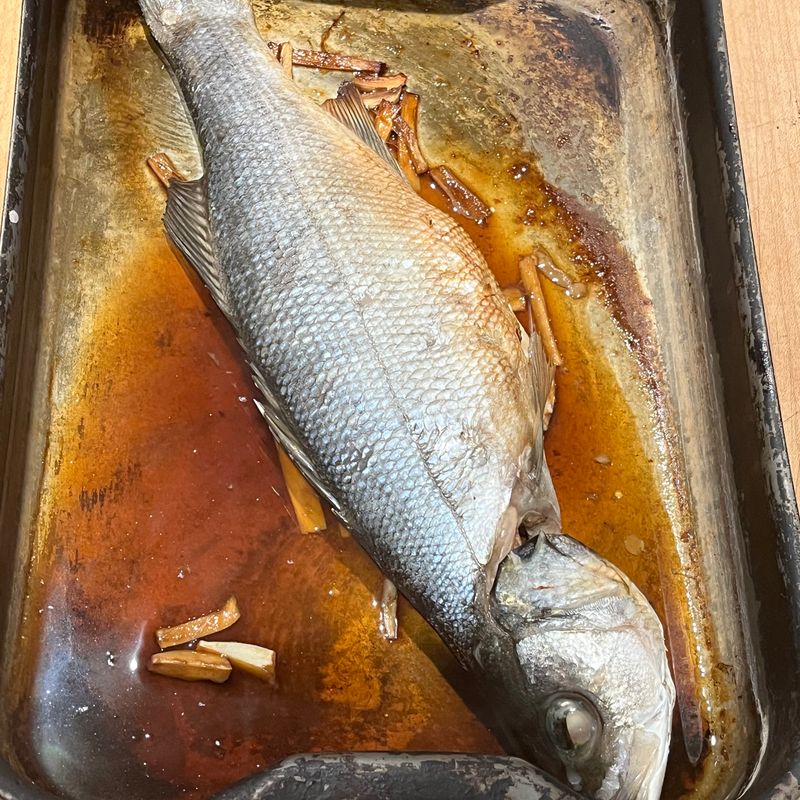 Asian-style sea bass, cooked by Orchard Ovens customer, Peter Lowman, in the Fornino 50 oven