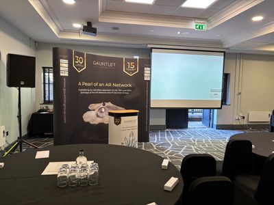 Room set up ready for the 2024 Gauntlet AR Conference, celebrating 15 years of the Gauntlet AR Network and 30 years of Gauntlet Group.