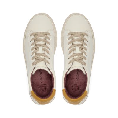 Plant-powered 'Kew' vegan trainer from Cocorose London, in white with Mostaza heel tab