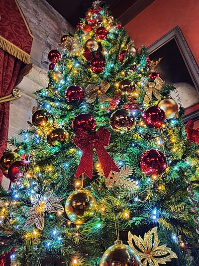 Christmas tree in the Langley Castle drawing room, Northumberland, UK.