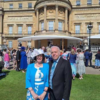 Beverley Sunderland and her husband at Buckingham Palace