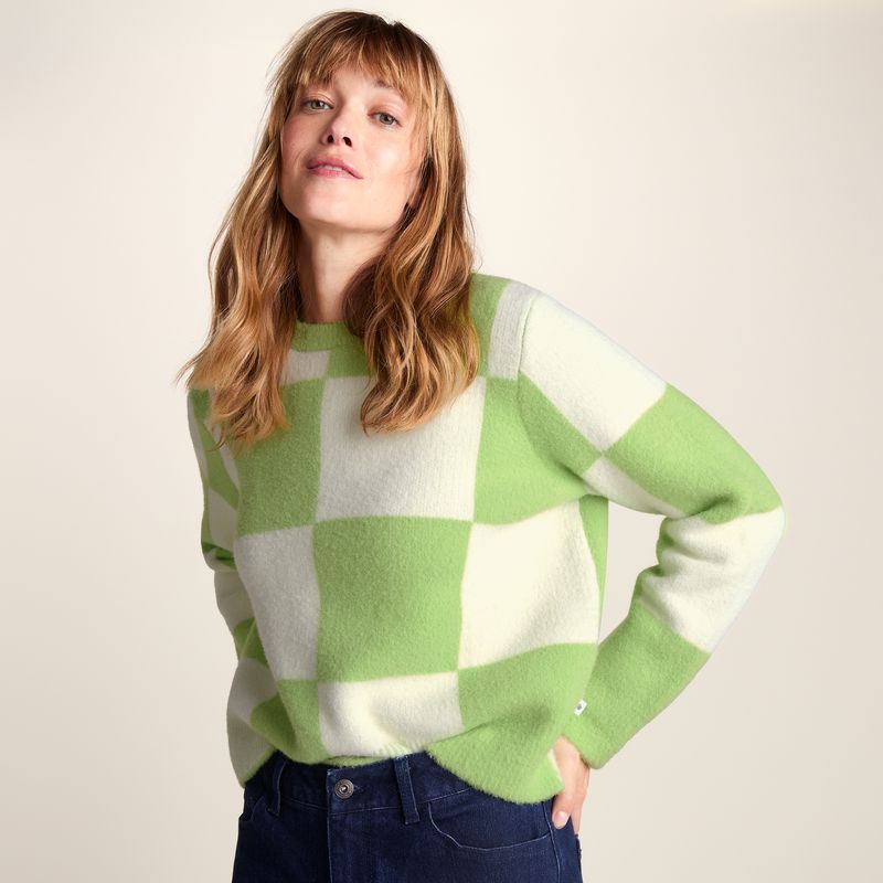 Celeste Womens Checkerboard Chunky Knit Jumper - Lemon Lime