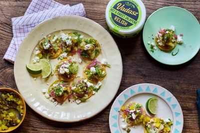 Branded: Toastaditas with guacamole, Vadas Red Onions, Sauerkraut & Jalapeño Relish