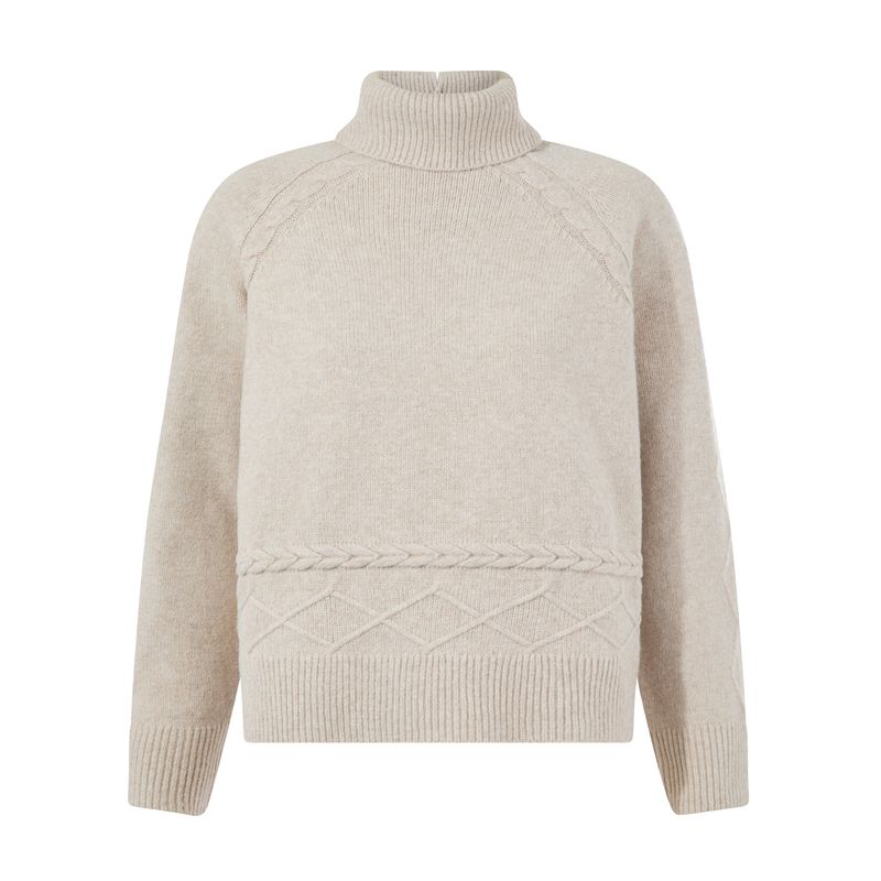 Serena Womens Cable Knit Roll Neck Jumper - Light Beige Melange