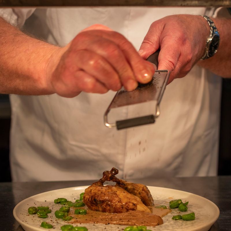 Poussin with Broad Beans and a Creamy Cepe Mushroom Sauce