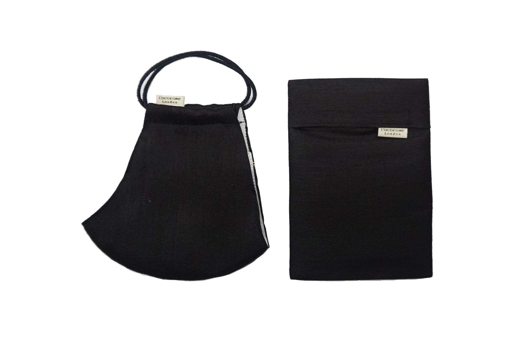 Black silk face mask and matching pouch, from Cocorose London