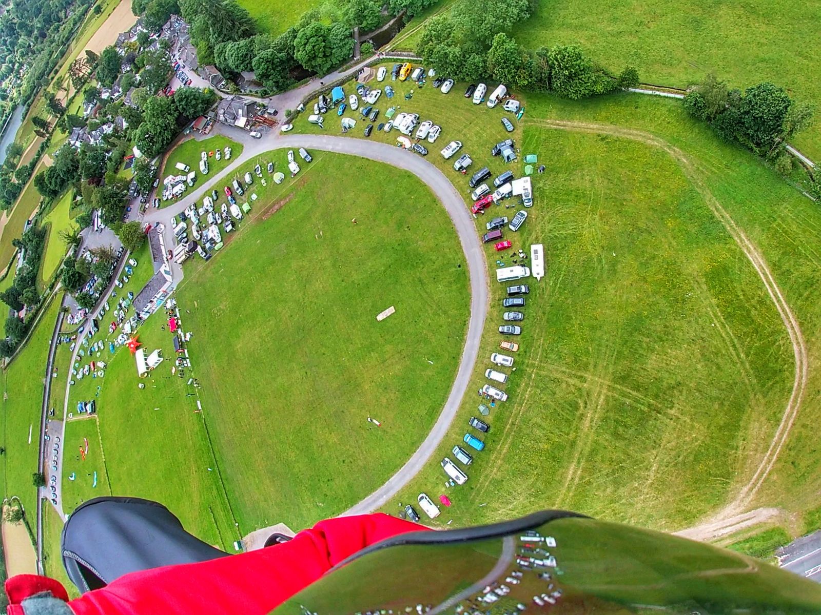 The Grasmere Lakeland Sports and Show's showfield, viewed through the eyes of a paraglider taking on the the X-Lakes Challenge.