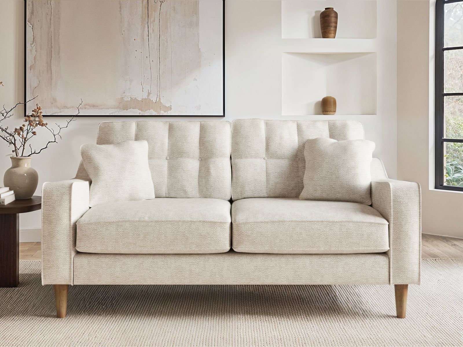 Solace+Co Jude 2 Seater Mid Century Fabric Sofa Beige