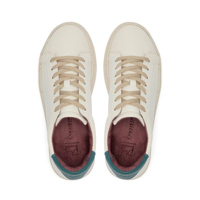 Plant-powered 'Kew' vegan trainer from Cocorose London, in white with Marine Blue heel tab,