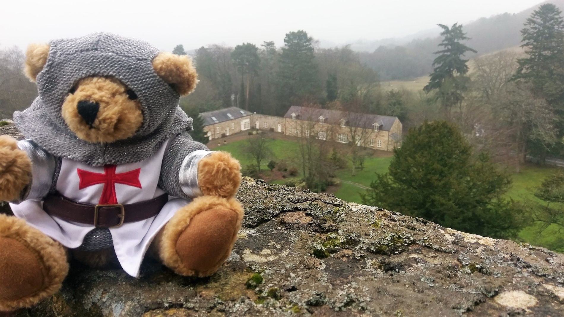 Langley Bear on the battlements at Langley Castle Hotel, Northumberland, UK. 