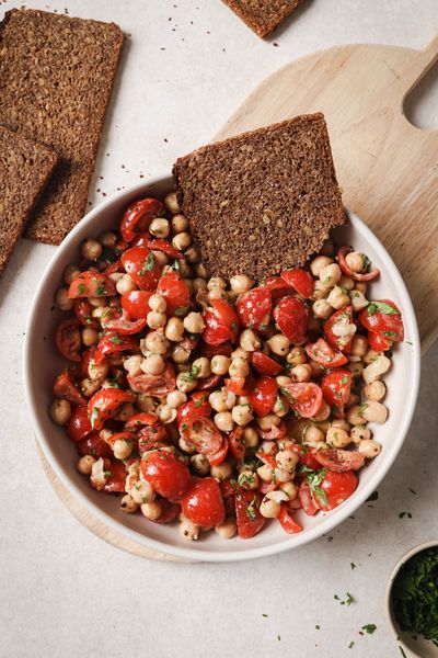 Tomato, chickpea, tahini and Rye toast