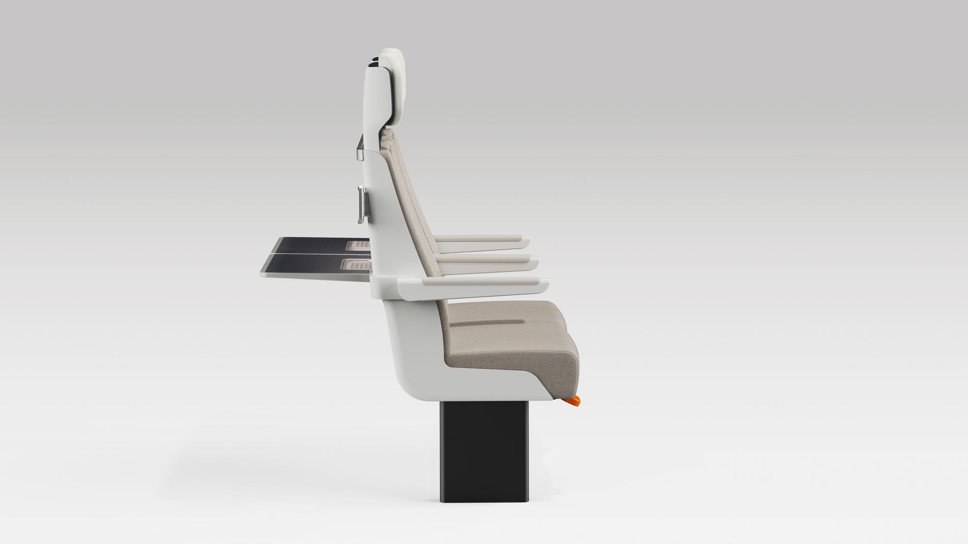 Side profile of a pair of ALIZÉ rail seats with arms in normal position and tables out.