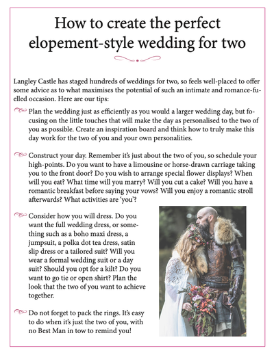 Page from the Langley Castle guide to planning the perfect elopement.