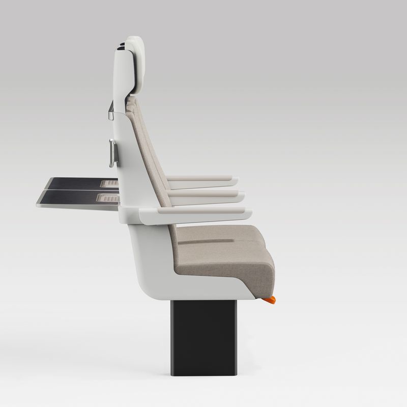 Side profile of a pair of ALIZÉ rail seats with arms in normal position and tables out.