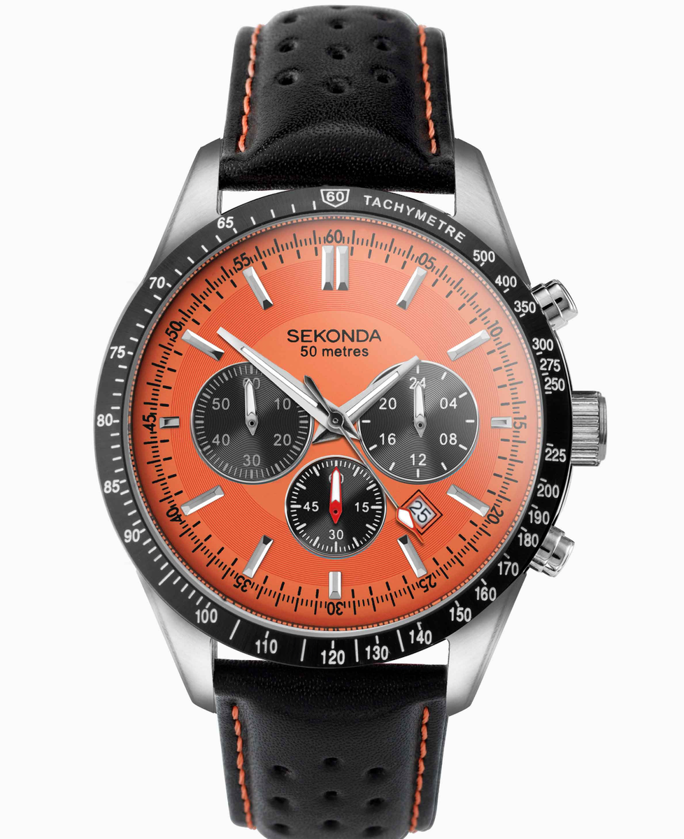 Sekonda Velocity Chronograph Men's Watch | Stainless Steel Case & Black Leather Strap with Orange Dial | 30020