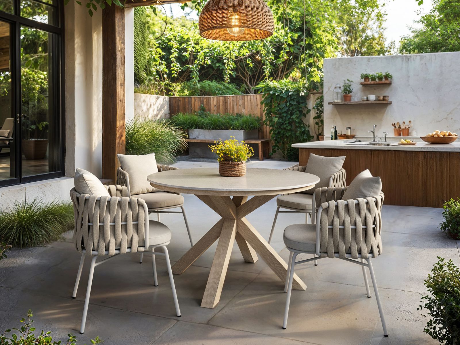 SOLACE+CO Florence Round Garden Sintered Stone Dining Table Wood & Louisa Chairs Beige Set of 4