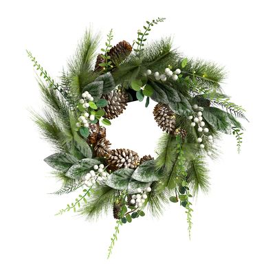 Indoor Outdoor 55cm Pre-Lit White Berry & Pinecone Eucalyptus Wreath