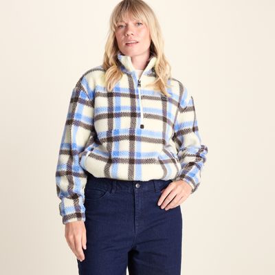Sara Womens Relaxed Fit Sherpa Fleece Zip Neck - Cobalt & Brown Check