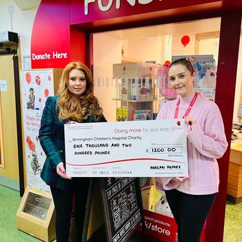 Horgan Homes Director Sophie Horgan presented a cheque for £1,200 to Philanthropy and Partnerships Executive Ellie Maybury at Birmingham Children’s Hospital.JPG