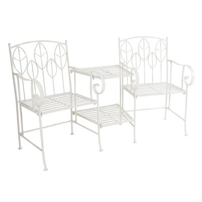 Antique White Leaf Design Rustic Metal Garden Companion Seat