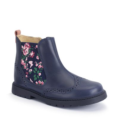  Chelsea, Navy blue leather/floral girls zip-up ankle boots