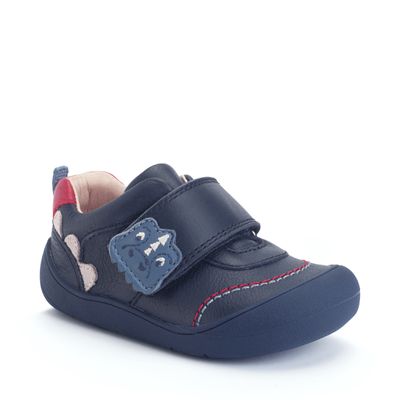 Tread Navy leather dino rip-tape first walking shoes
