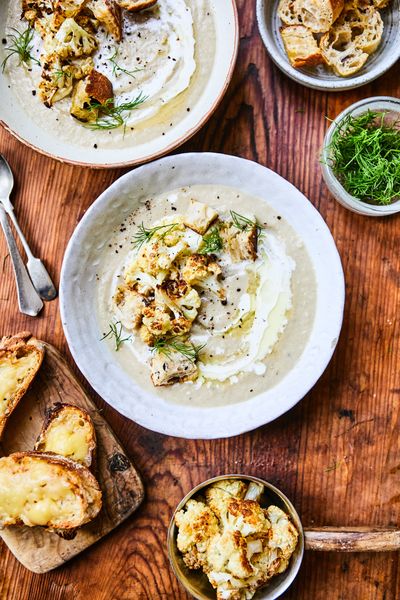 Cauliflower and chestnut soup with vegan cheese