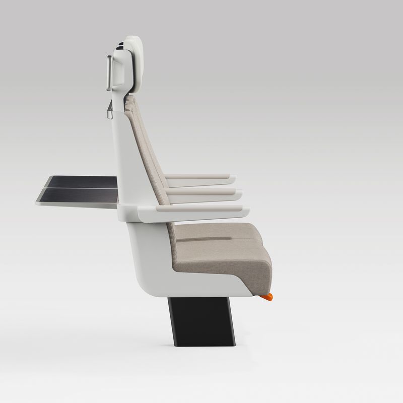 Side view of a pair of ALIZÉ rail seats with arms in normal position and tables open at the back.