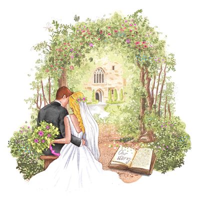 Illustration of a couple in the woodland wedding grove at Langley Castle, with the castle as the backdrop behind them.