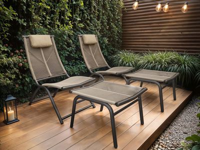 SOLACE+CO Esen Set of 2 Garden Lounge Chairs with Footstool Dark Brown