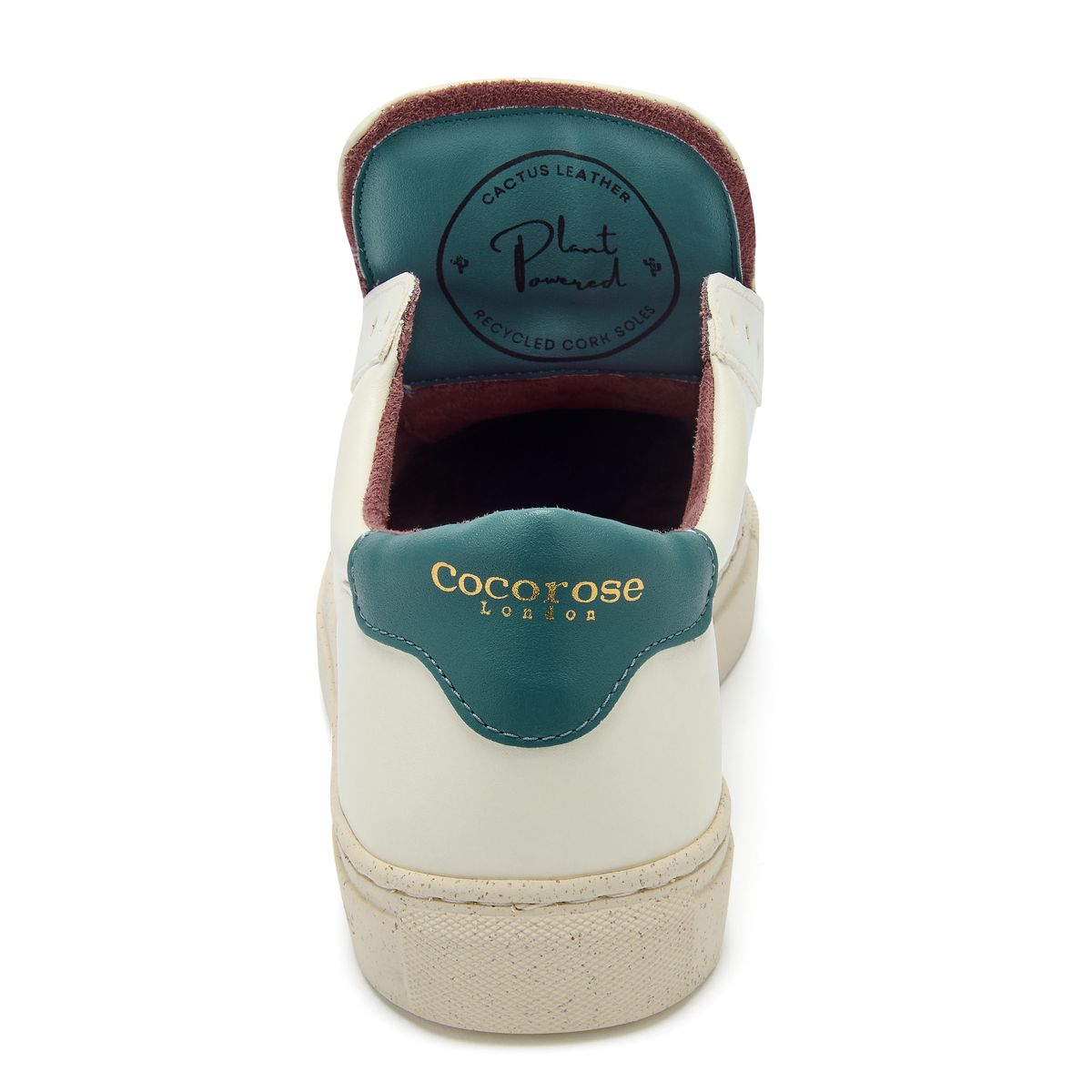 Back view of the new plant-powered Kew trainer from Cocorose London, in white with Marine Blue heel tab