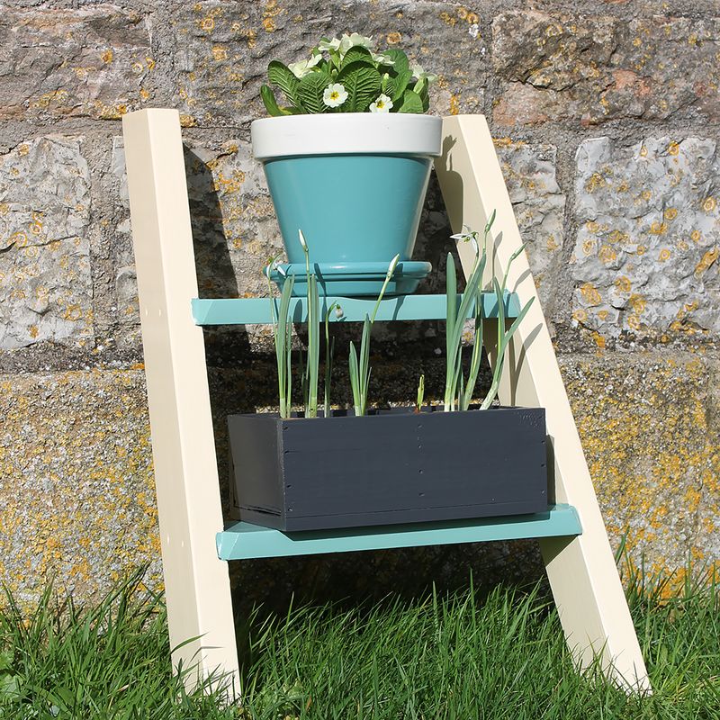 Plant Ladder in Thorndown Meadowsweet Cream and Wetlands Green, with Terracotta Pot in Slade Green and Cow Parsley White, and Planter in Bergamot Grey
