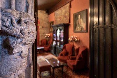 Looking into the drawing room at Langley Castle Hotel