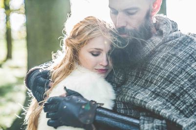 Couple in the grounds at Langley Castle Hotel, Northumberland
