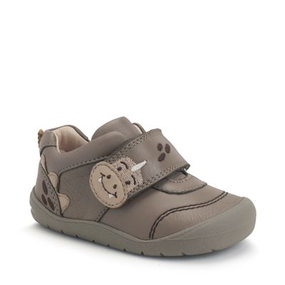 Stampede Taupe leather dino rip-tape boys first walking shoes