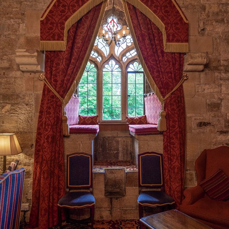 Window seat in the Drawing Room at Langley Castle Hotel, Northumberland, UK