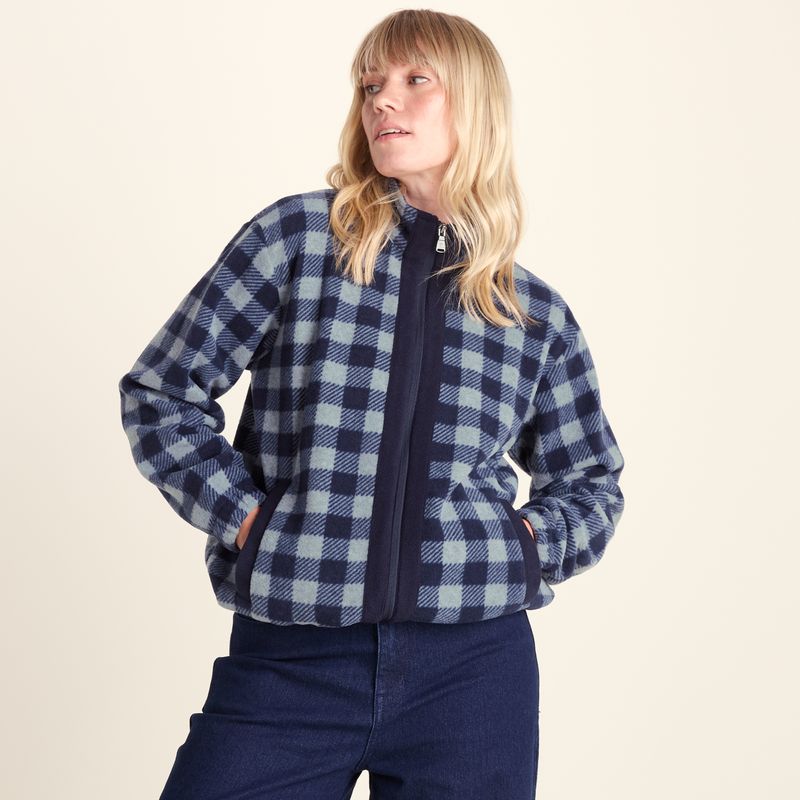 Firan Womens Fleece Jacket - Grey Melange/Navy Gingham