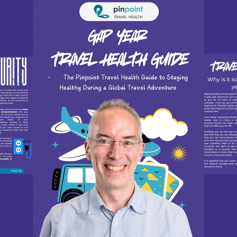 Andrew Halliday, Co-Managing Director of Pinpoint Travel Health, with the Gap Year Travel Health Guide produced by Pinpoint Travel Health.