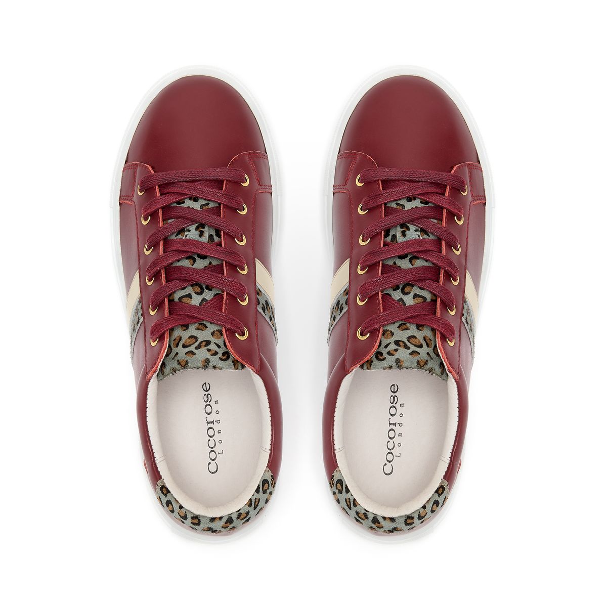 Hoxton Burgundy with Grey Leopard Print Leather Trainers from Cocorose London