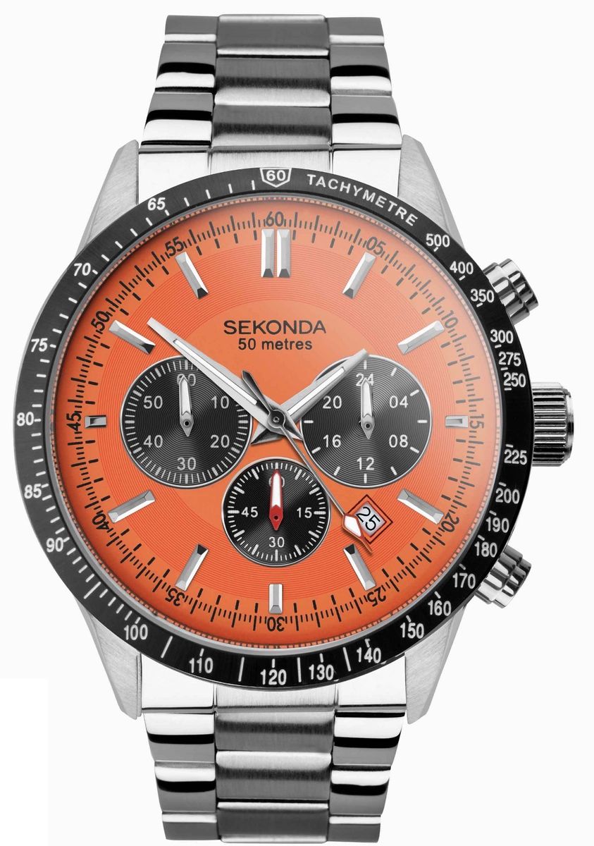 Sekonda Velocity Chronograph Men's Watch | Stainless Steel Case & Bracelet with Orange Dial | 30025