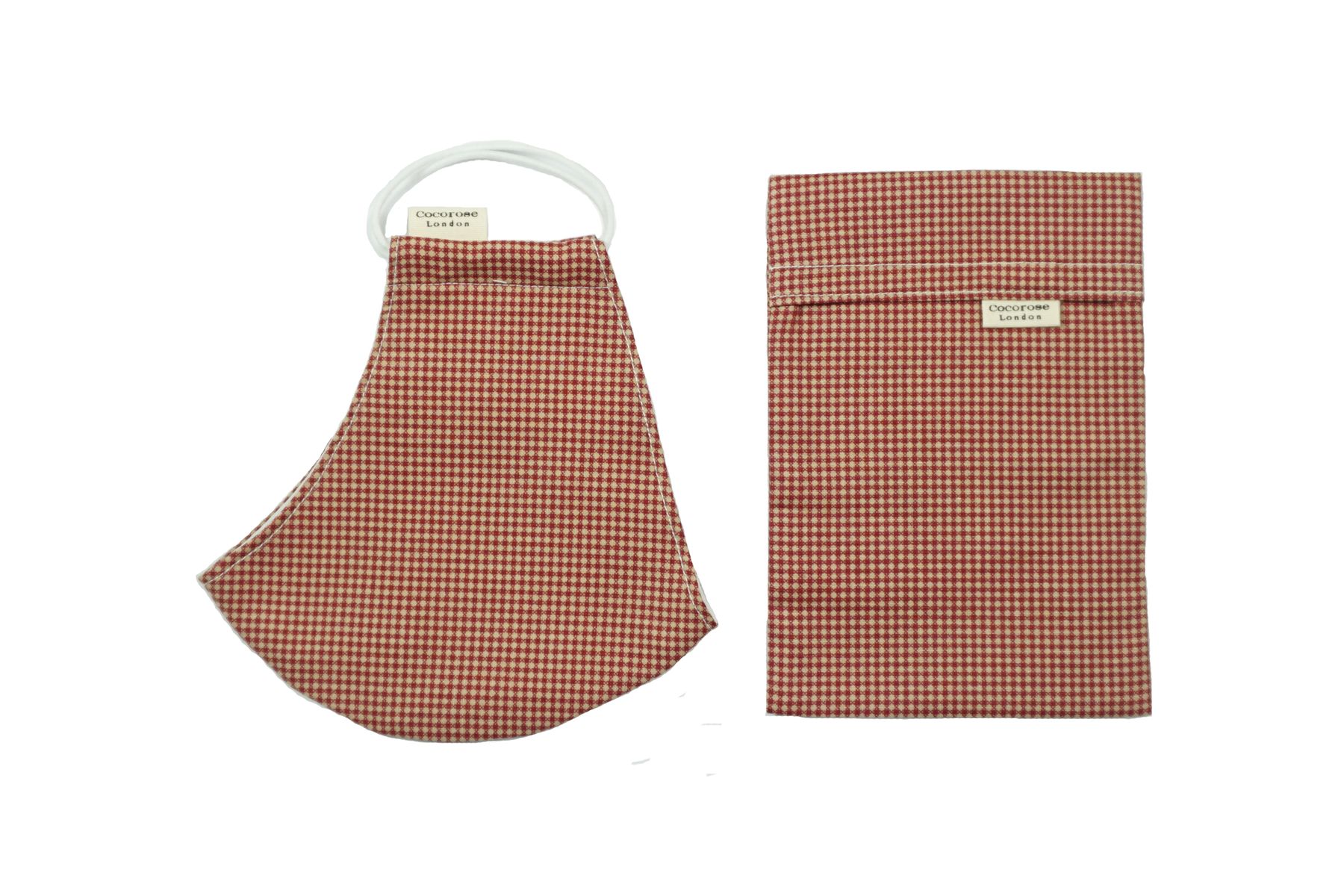 Terracotta coloured Gingham face mask from Cocorose London made in breathable cotton and with matching pouch.  