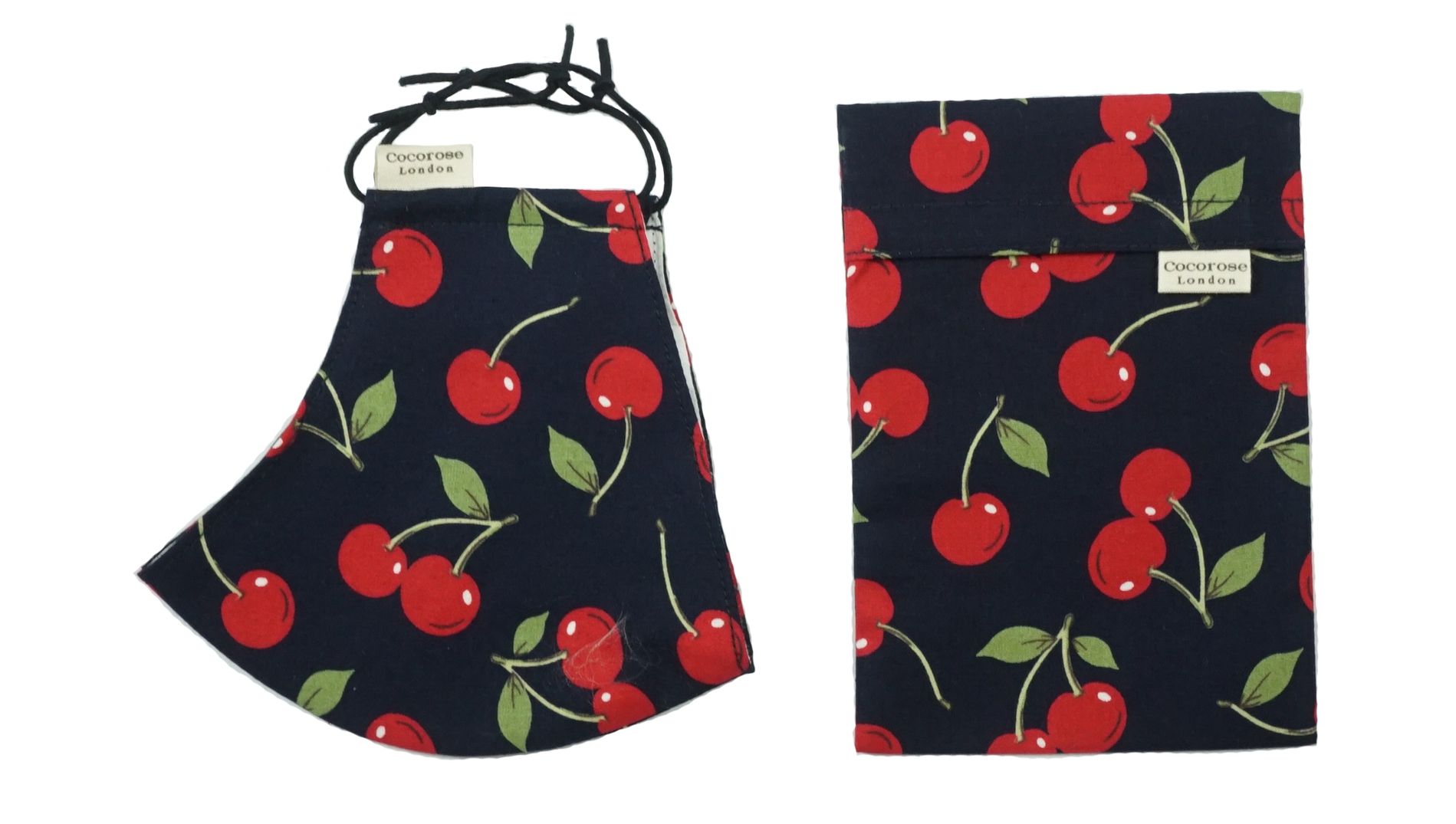 Cherry-patterned cotton sculpted face mask and pouch, from Cocorose London