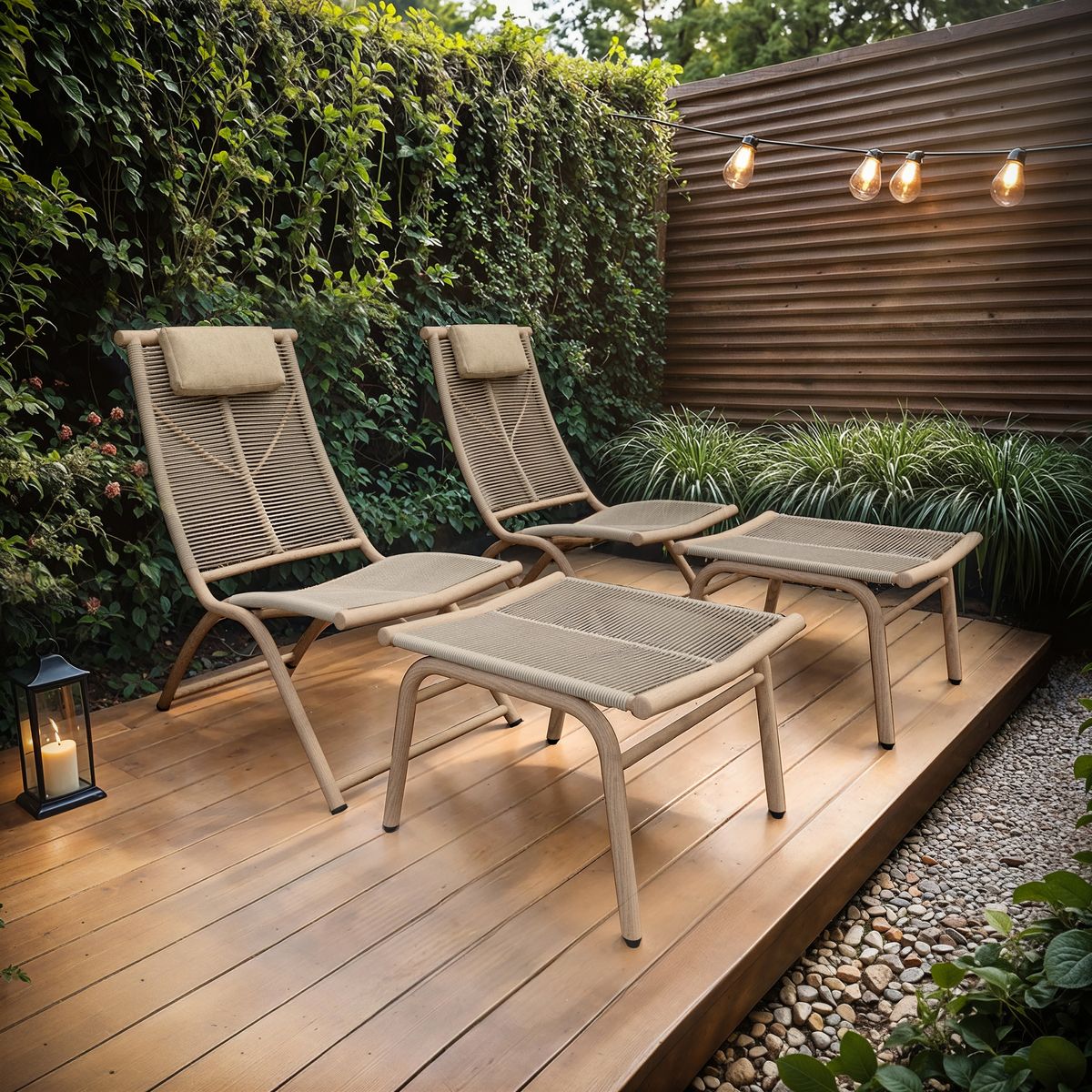 SOLACE+CO Esen Set of 2 Garden Lounge Chairs with Footstool Beige