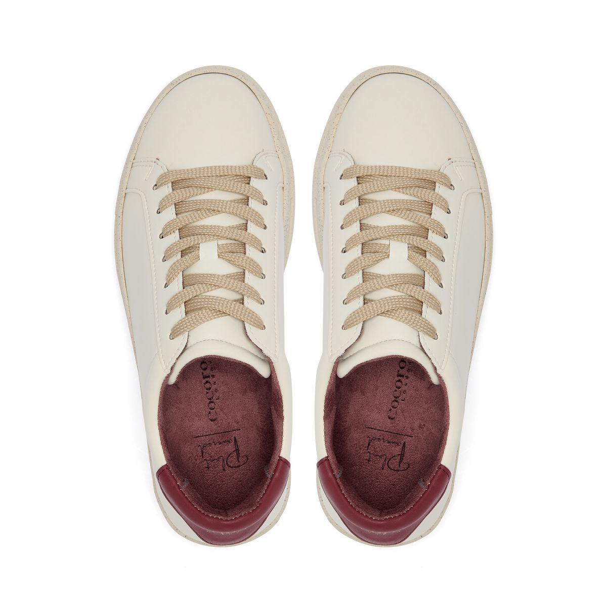Plant-powered 'Kew' vegan trainer from Cocorose London, in white with Bordeaux heel tab,