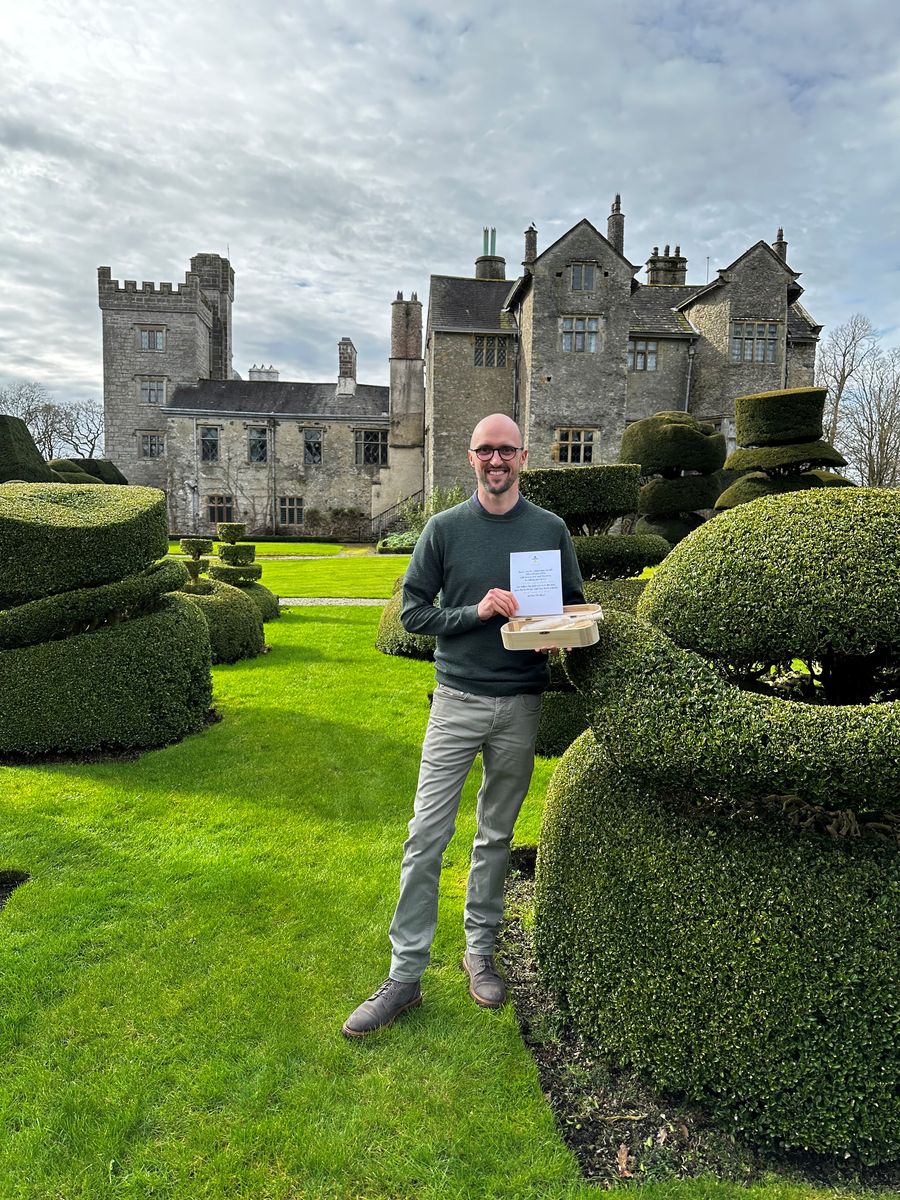 Levens Hall & Gardens owner, Richard Bagot, with the Topiary Message in a Bottle