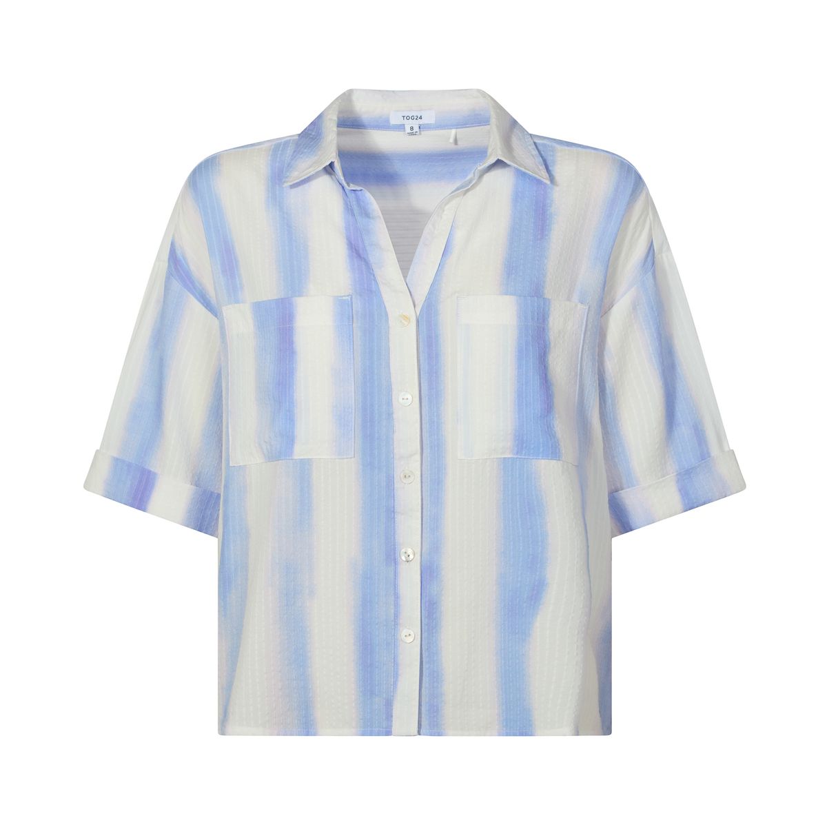 Julie Womens Short Sleeve Seersucker Blouse - Blue Hues Print