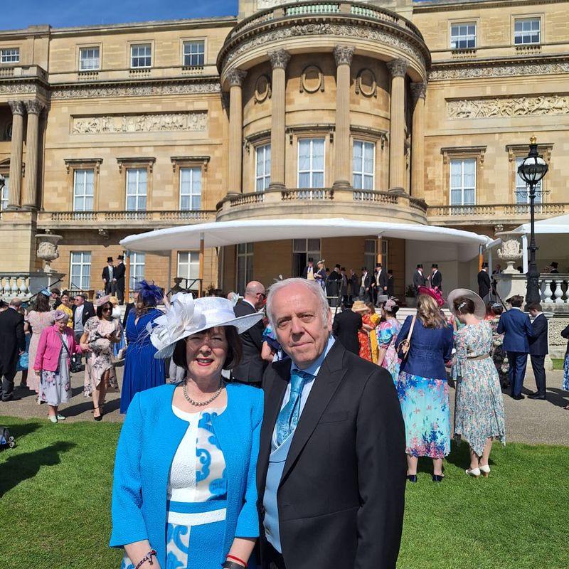 Beverley Sunderland and her husband at Buckingham Palace