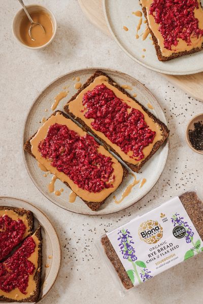 Biona Rye Bread with Peanut Butter and Raspberry Jam
