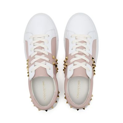 Hoxton - White and Pastel Pink Leather Trainers with Gold Studs  