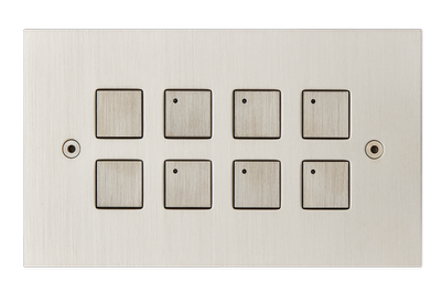 8 gang low-voltage square button horizontal keypad, 6 switches with LED, satin nickel finish